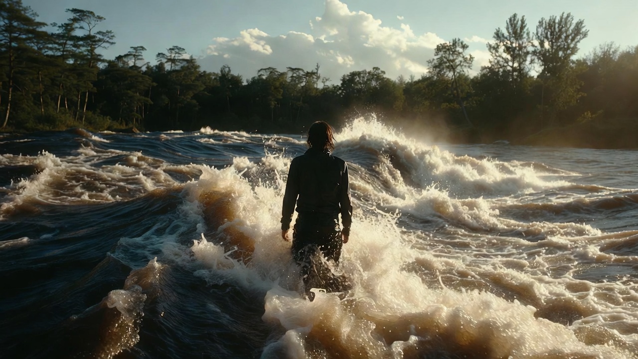 Man standing in a raging river against the current
